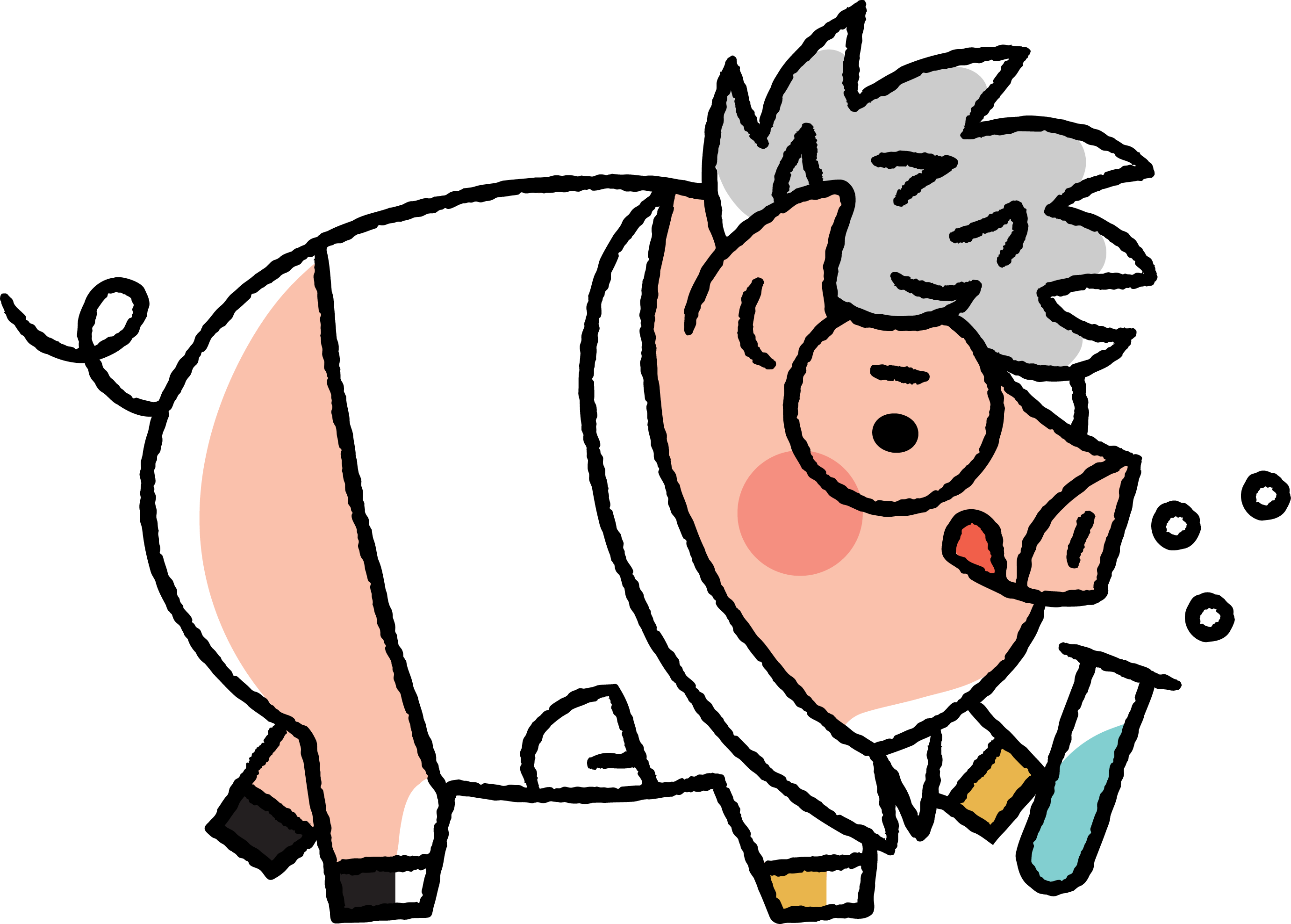 Penny the pig holding a bubbling test tube